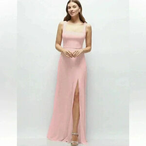 SQUARE NECK CHIFFON MAXI DRESS WITH CIRCLE SKIRT IN ROSE - PANTONE ROSE  QUARTZ